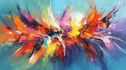 Skilled painter working on abstract canvas with brushes

