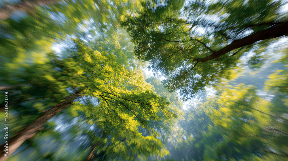 Poster a vibrant forest scene with sunlight filtering through lush green trees, creating a peaceful and cal