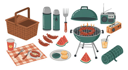 Flat lay vector illustration of summer camping and picnic objects ; basket, thermos, grill, sausages, watermelon slices, picnic mat, radio, and cold drinks - national barbeque day concept