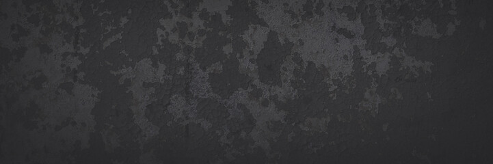 Dark wide panoramic background. Peeling paint on a concrete wall. Faded dark texture of old cracked...