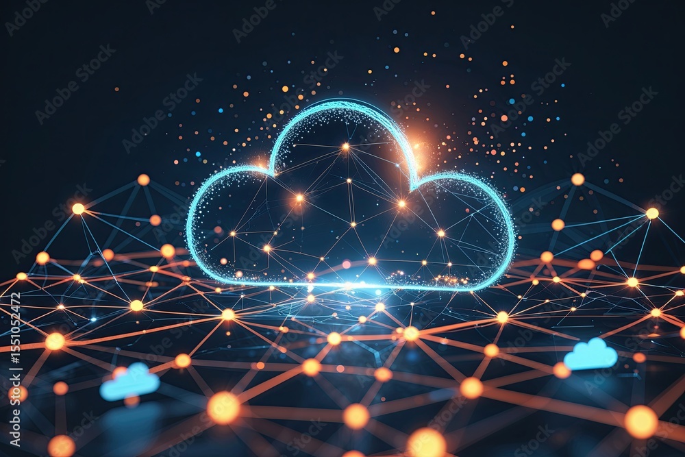 Poster striking illustration of a cloud data storage network with triangles and particle effects in a digit