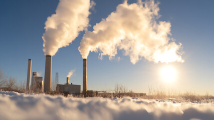 A winter landscape showcasing industrial smoke stacks against a clear blue sky, reflecting environmental challenges.