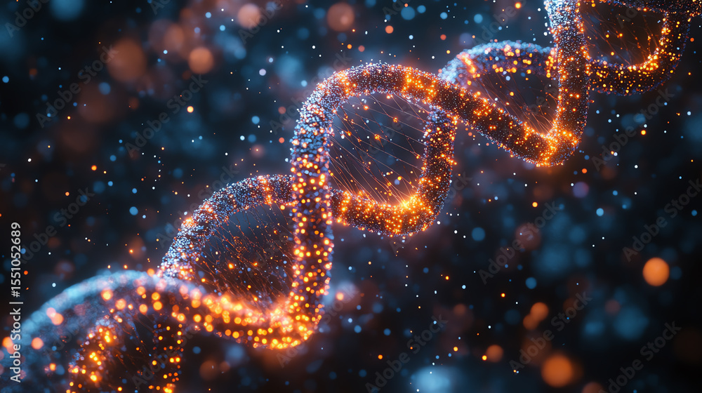 Poster Abstract representation of DNA structure with glowing particles illustrating the complexity of genetic information.