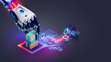 AI manages automated delivery of orders from warehouse to buyer. AI software management delivery. AI logistics of online store. AI plots the optimal route around the city for fast delivery of orders.