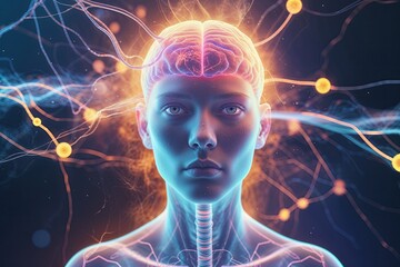 Neurological-Themed Portrait of a Person Enveloped by Glowing Info-Maps and Vapor-Like Head Sculpture in Ethereal Colors