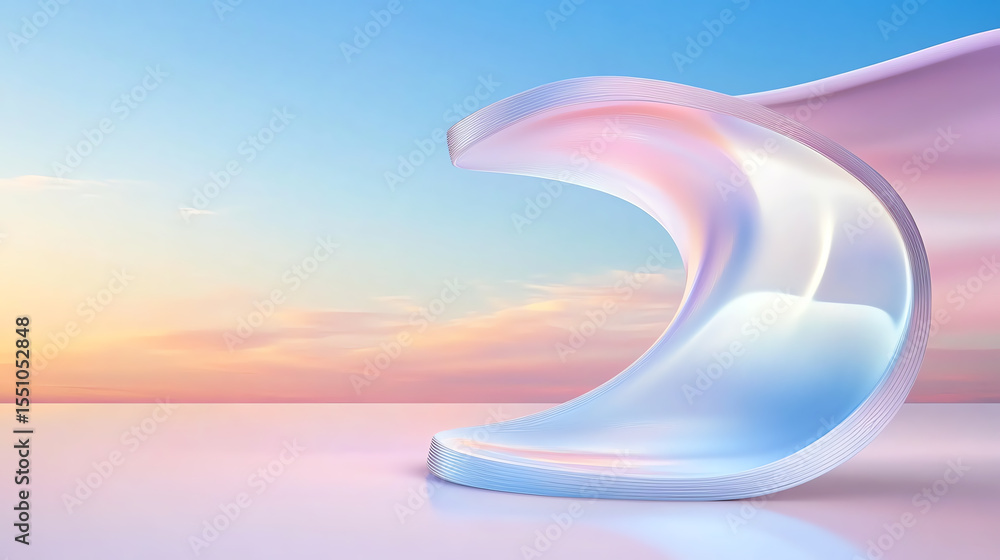 Poster abstract wave sculpture reflecting soft pastels against a serene sunset sky, creating a tranquil and