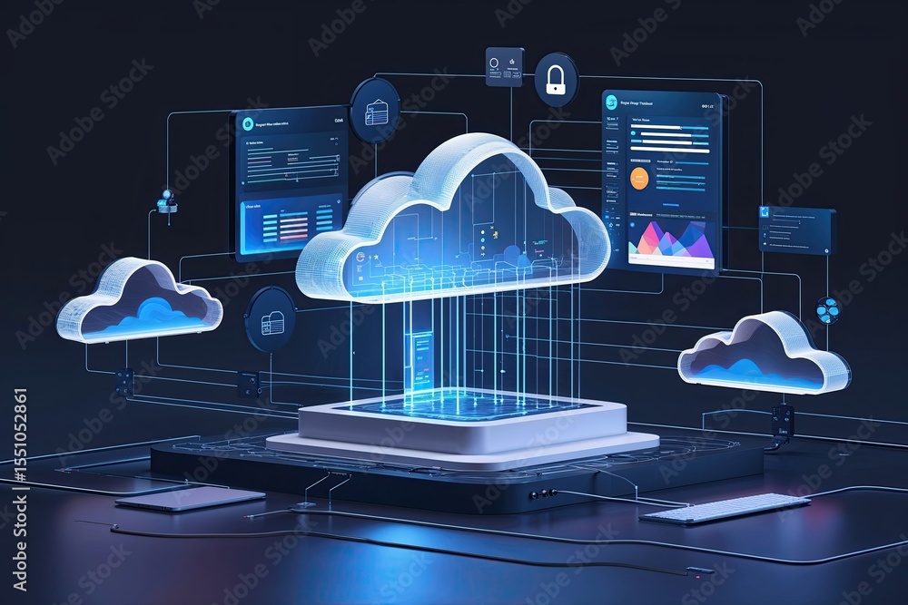 Poster innovative cloud storage frameworks and unified digital interface visualizations for the modern tech