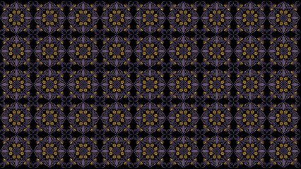 Repeating floral pattern with intricate details in gold and purple on a dark background design