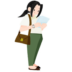 女性が書類を持って立っているデフォルメカラーイラスト