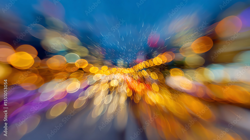 Poster An abstract blurred background of city lights creating a vibrant and dynamic atmosphere, perfect for urban and nightlife themes.