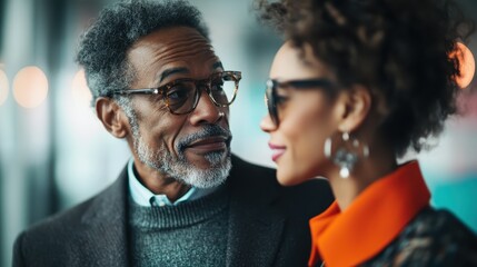 In a lively urban setting, a stylish older man and a confident woman share an intimate conversation, showcasing the beauty of intergenerational connection and modern fashion.