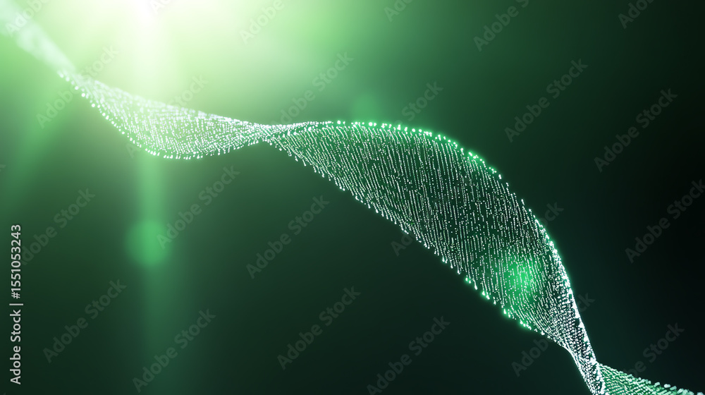 Poster An abstract representation of wave patterns with a glowing green light effect, symbolizing energy and motion in a digital world.