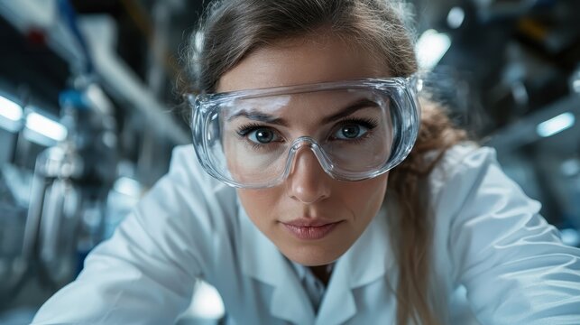 A young scientist wearing safety goggles intensely examines details under a microscope in a sterile laboratory, emphasizing the pursuit of knowledge and innovation in science.