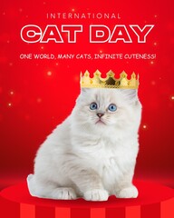 International Cat Day: Adorable fluffy white kitten with gold crown celebrates pet holiday poster design.