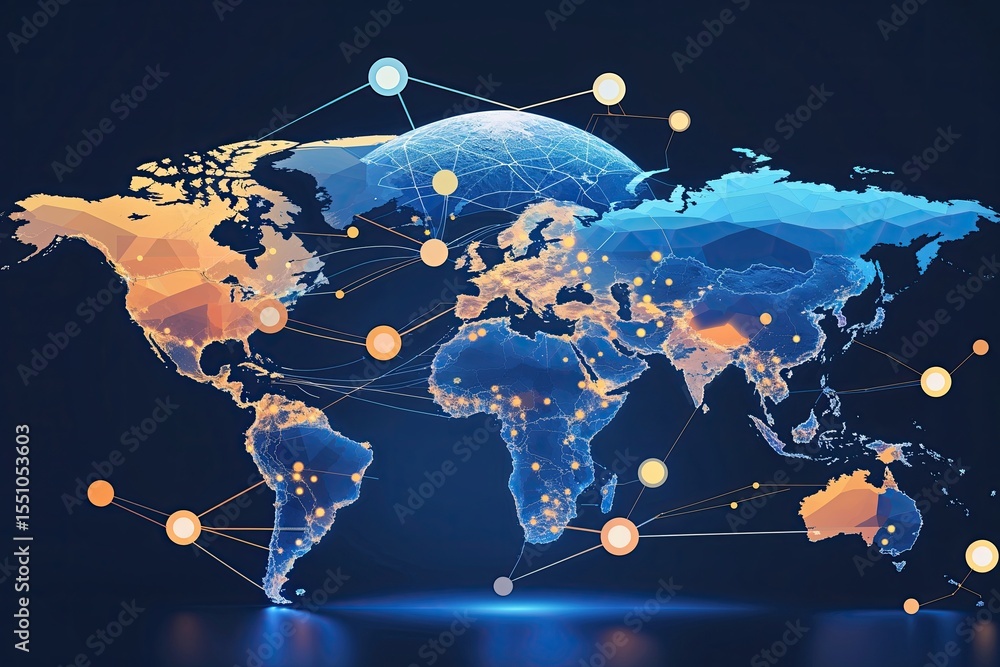 Poster creative cloud data management strategies with abstract world map connections
