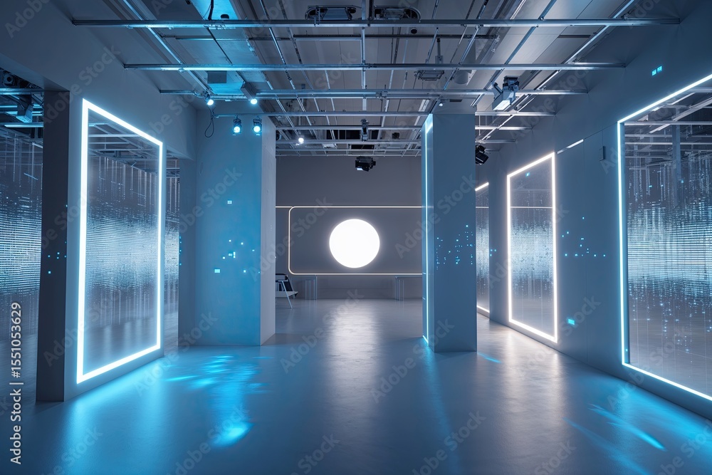 Poster cutting edge digital architecture in a virtual space using holograms and silver blue ambient lightin