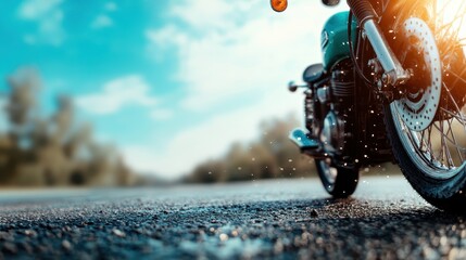 A classic motorcycle rests on a sunlit wet road, showcasing its shiny chrome and intricate design, surrounded by a soft, blurred background of nature and sky.