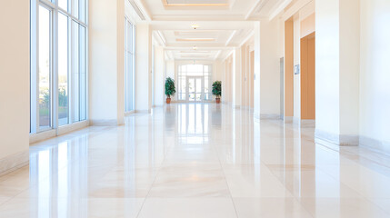 Fototapeta premium Bright and spacious hallway with polished marble floors and elegant lighting, ideal for modern architectural designs.