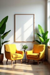 Modern living room, vibrant chairs, lush plants, empty poster , light, space