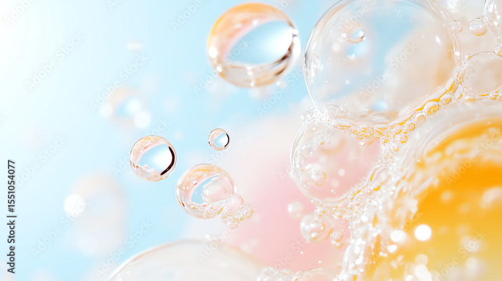 Aufkleber close-up view of colorful water bubbles floating gracefully against a soft pastel background, creati