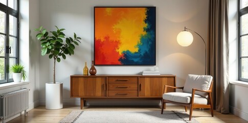 Retro cabinet, marble pedestals, round pendant lamp, abstract wall Stylish eclectic living room , home, accessories