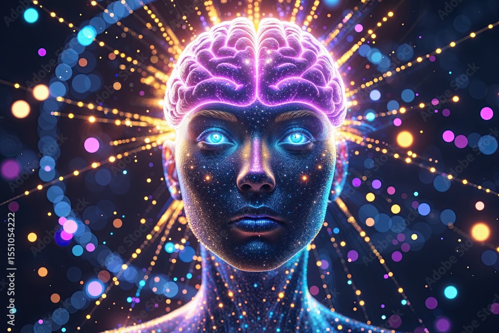 Aufkleber cutting-edge portrayal of a radiant entity with vibrant digital particles and a shimmering brain int