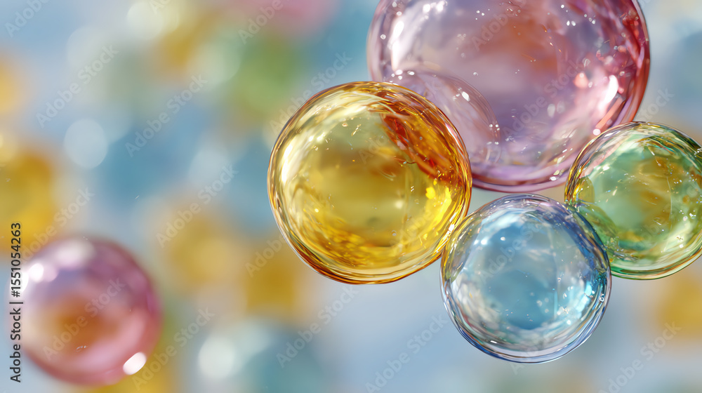 Poster Colorful bubbles floating gently in a serene background, creating an enchanting and whimsical atmosphere.