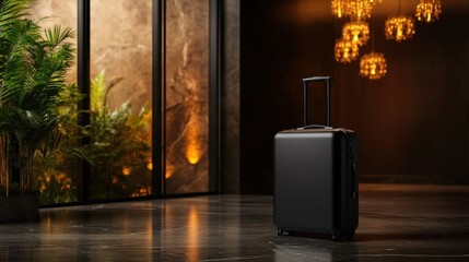 An elegant image showcasing a sleek black suitcase standing alone in a luxurious modern lobby, embodying adventure, travel, and contemporary design aesthetics.