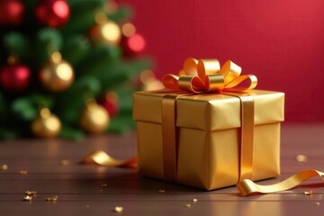 Single gold gift box, Christmas bow, festive backdrop , winter, holiday, shiny