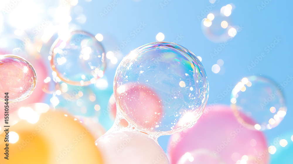 Poster colorful soap bubbles floating against a bright blue sky, creating a sense of joy and freedom in a p