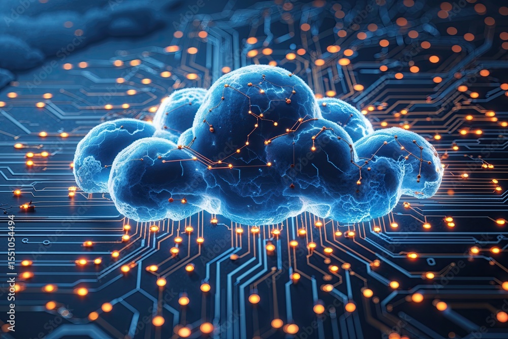 Poster vibrant cloud representation with circuitry showcasing data accessibility and networking solutions