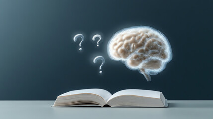Creative thinking visualized with an open book and a glowing brain, symbolizing knowledge and curiosity through questions.