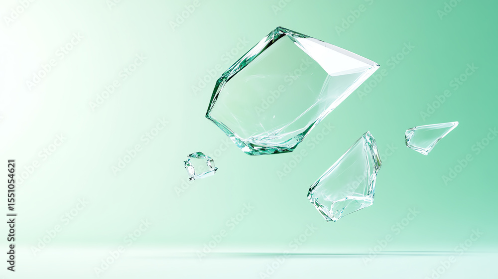 Poster Floating glass shards create an abstract, elegant composition with a soft green background, perfect for creative design projects.