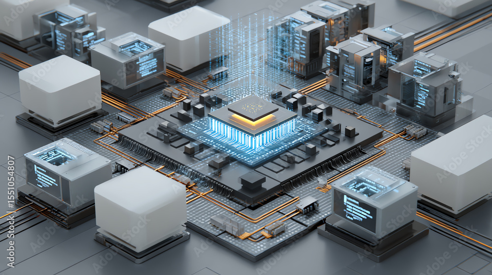 Poster Futuristic technology concept showcasing a microprocessor with glowing circuits and data streams across a digital landscape.