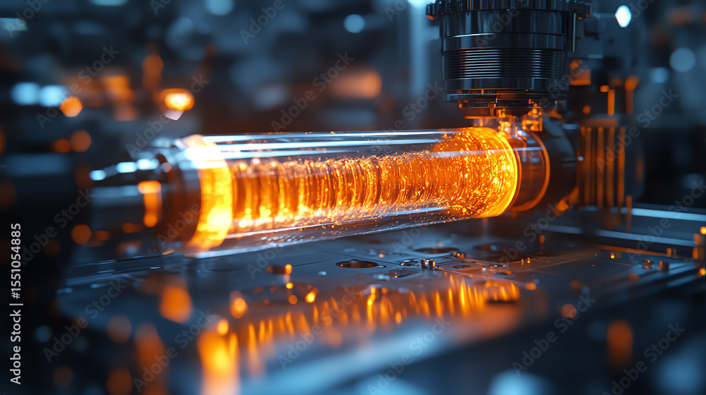 Poster high-tech machinery with glowing orange elements, showcasing precision engineering and advanced manu