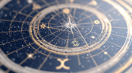 Intricate golden astrological chart on a deep blue background, showcasing celestial symbols and star patterns, perfect for astrology lovers.