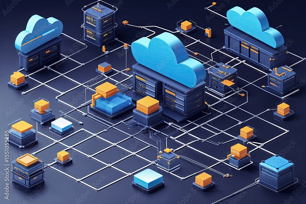 Poster 3d vector graphic of cloud storage network featuring geometric design and connectivity elements
