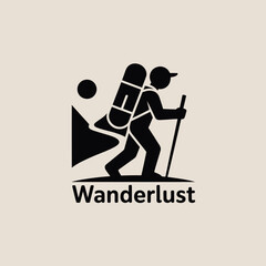 Black Silhouette of a Hiker with Backpack Trekking Stick and Mountain Landscape Wanderlust Text Below