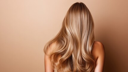 This stunning image showcases long, flowing hair cascading down the back, emphasizing elegance and natural beauty against a warm, minimalistic background.