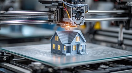 A 3d printer with a house model on it