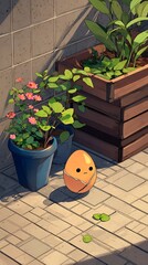 Cute egg by plants in urban setting