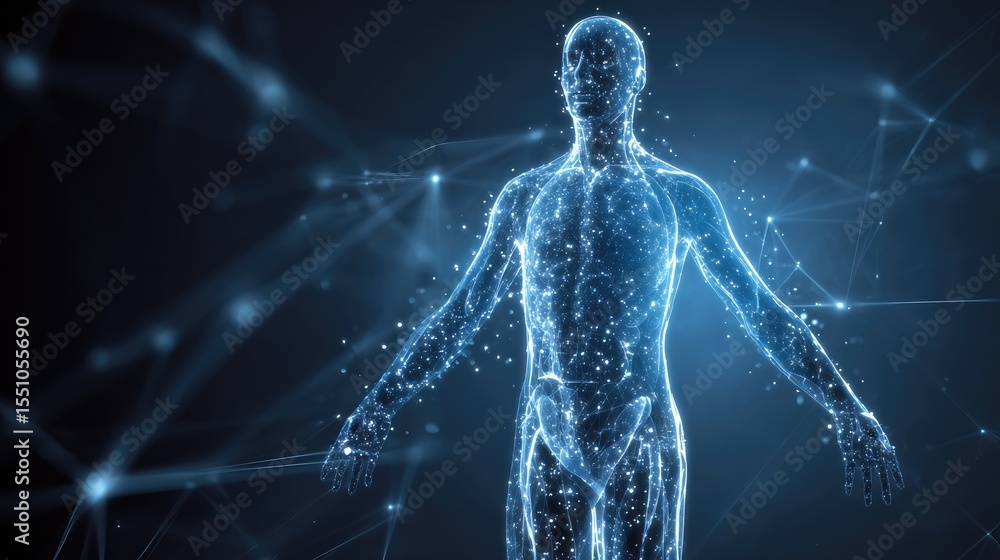 Poster digital human body: a luminous digital rendering of the human form is revealed against a backdrop of