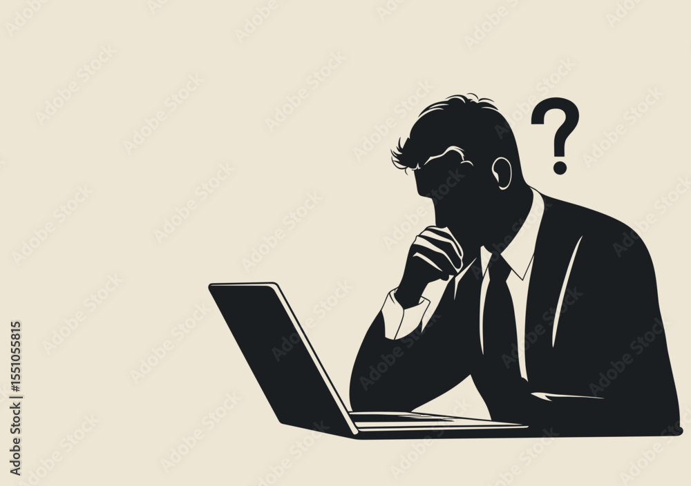 Poster silhouette of businessman sitting at laptop with hand on chin and floating question mark representin