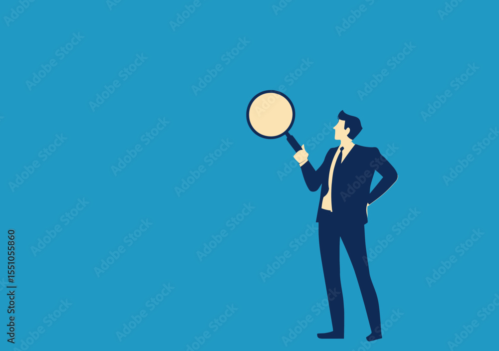Poster businessman inspecting question mark with magnifying glass concept analysis problem solving challeng