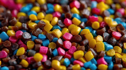 A Symphony of Colors: A vibrant macro shot showcasing a mix of colorful granules, where hues intertwine, forming a textured and visually captivating pattern