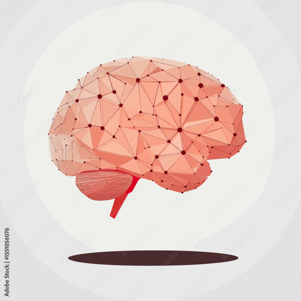 Poster polygonal low poly human brain with connected nodes and geometric shapes in minimalist flat vector s