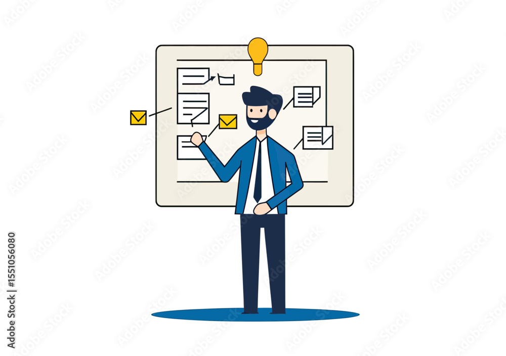 Poster businessman presenting project workflow and communication plan on whiteboard with email and message 