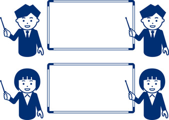 ホワイトボードを指す紺色のスーツの男女