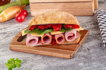 Ciabatta with mortadella, tomato, cheese and spinach