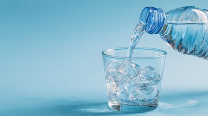 Cool refreshment: Crisp, clear water pours from a bottle into a glass filled with ice, offering a refreshing moment of hydration. 